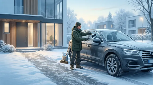 homme qui dégivre sa voiture